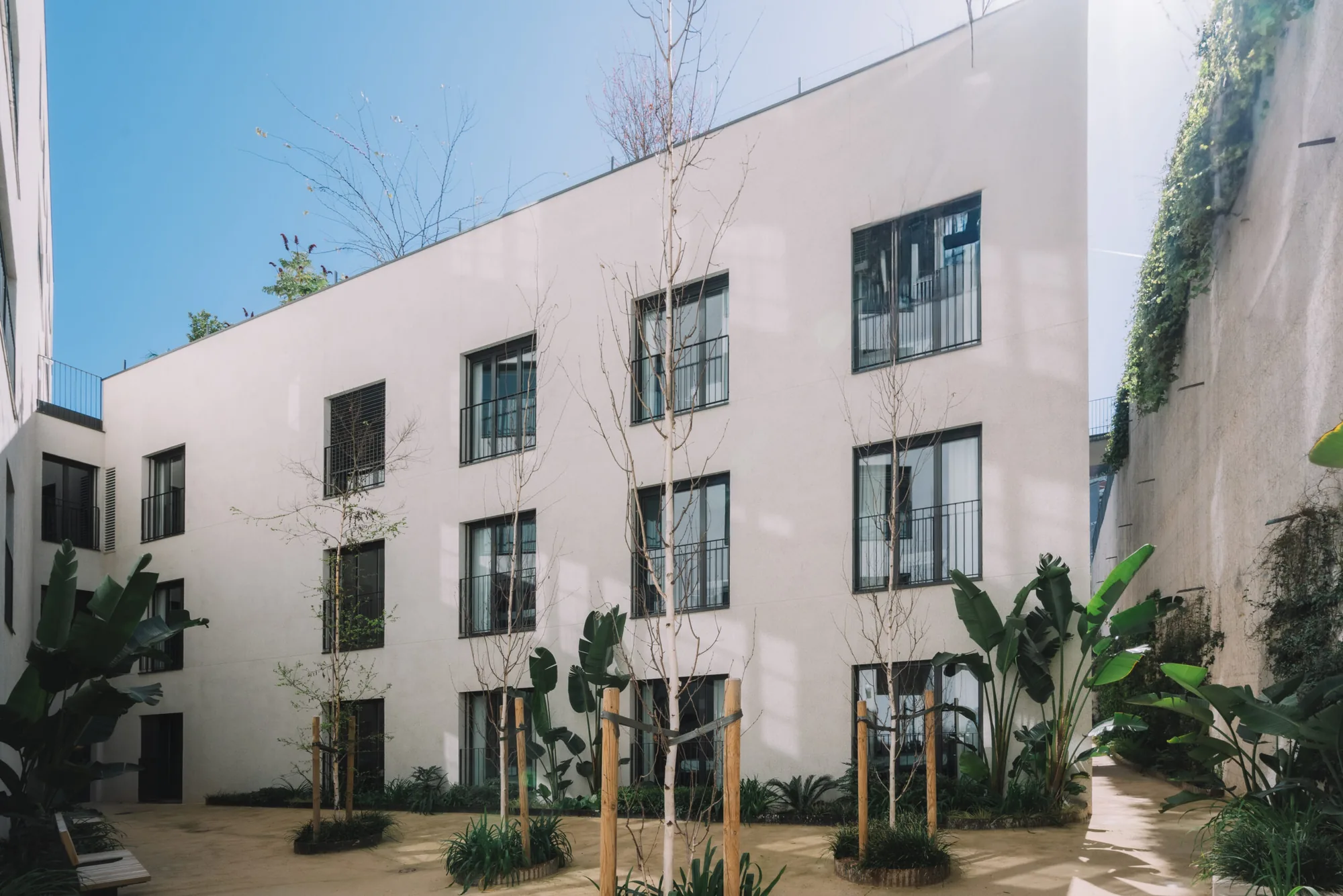 Patio interior de un edificio Passivhaus con vegetación y fachada blanca