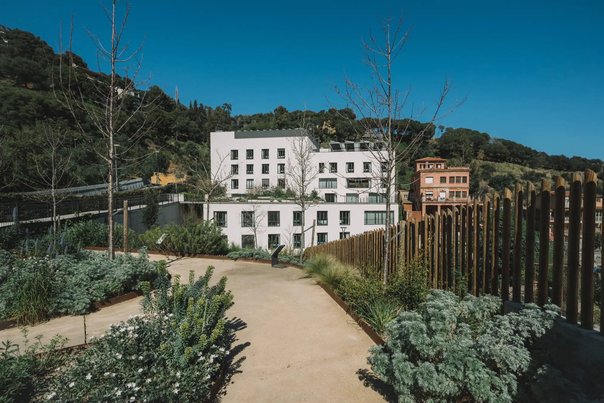 Vista exterior del conjunto residencial Passivhaus desde la calle