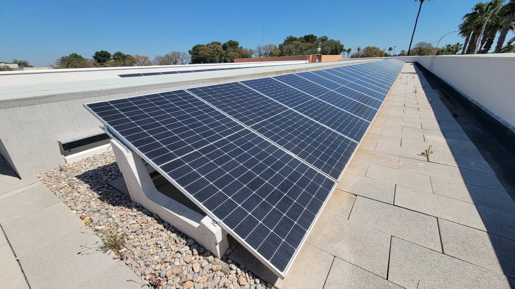 Paneles fotovoltaicos instalados sobre la cubierta plana de un edificio